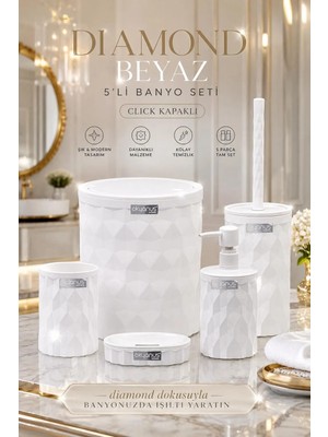 Okyanus Home Beyaz Diamond Click Kapak 5'li Banyo Seti Suya Dayanıklı Modern Stil