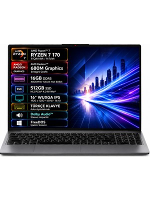 Lenovo Ideapad Slim 3 16ARP10 83K800DKTR-02 Amd Ryzen 7-170 16GB 512GB SSD 16" IPS Freedos Taşınabilir Bilgisayar