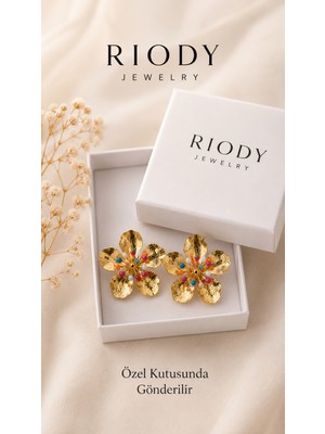 Riody Rainbow Bloom Gold Renkli Taşlı Büyük Çiçek Küpe