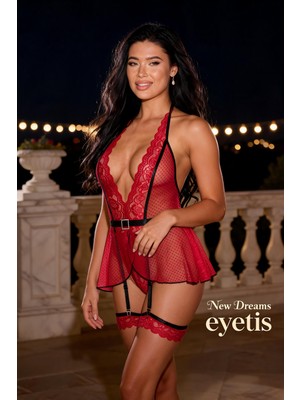 Eyetis Kırmızı Dantel Transparan Gecelik & Jartiyer Takım, Askılı, Fantazi Lingerie Set