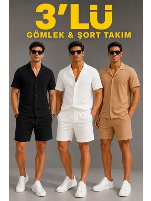 Marsilyan- Erkek 3’lü Krep Kumaş Cepli Gömlek Şort Takım Kısa Kollu Bağcıklı - Siyah , Beyaz , Bej