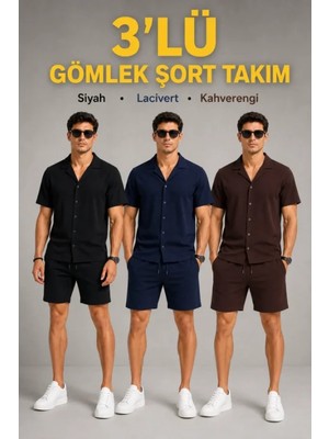Marsilyan- Erkek 3’lü Krep Kumaş Cepli Gömlek Şort Takım Kısa Kollu Bağcıklı - Siyah , Lacivert , Kahverengi