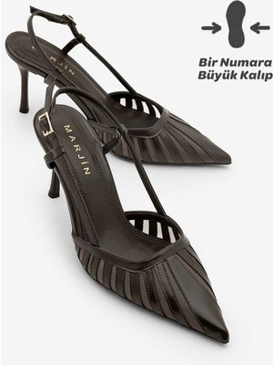 Marjin Kadın Stiletto Sivri Burun Arkadan Bantlı Şerit Detaylı Fileli Klasik Topuklu Ayakkabı Sivon Kahve