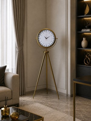 Almira Butik 24 Saat Göstergeli Özel Tasarım Gold Tripod Ayaklı Duvar Saati