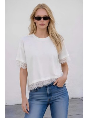 Shopping Shop Yaka Ve Kolları Kısa Dantelli Bluz EKRU