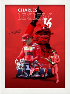 Kaynock Charles Leclerc, Scuderria Ferrari, Formula 1, Poster Tablo Beyaz Çerçeve