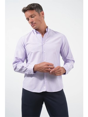İmza Mor Düğmeli Yaka Uzun Kol Slim Fit Pamuklu Gömlek 1004260236