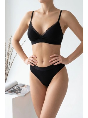 Leyna Kadın Siyah Fitilli Dantelli Bralet Takımı
