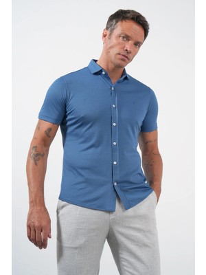İmza Indigo Italyan Yaka Kısa Kol Cepsiz Slim Fit Pamuklu Gömlek 1004260158