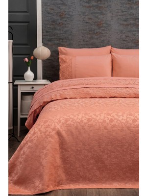 Sevim 7 Parça Nevresimli Pike Takımı - 240X260 cm Dantelli Şönil Yatak Örtüsü Seti - Kayısı