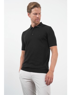 İmza Siyah Polo Yaka Kısa Kol Örme Comfort Fit %100 Pamuk Kazak 1012260151