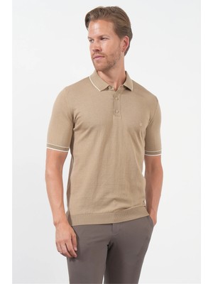 İmza Bej Polo Yaka Kısa Kol Örme Comfort Fit %100 Pamuk Kazak 1012260151