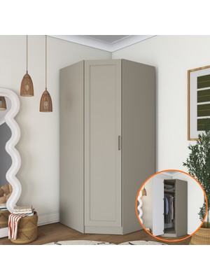 Rani BA311 Membran Kapaklı Köşe Modül Gardırop Tek Kapaklı 6 Raflı Askılı Elbise Dolabı Kumtaşı