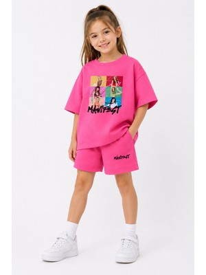 Fasardi Manifest Girls M6NIFESTGIRLS Baskılı Oversize %100 Pamuk Tişört Şort 2li Çocuk Takım