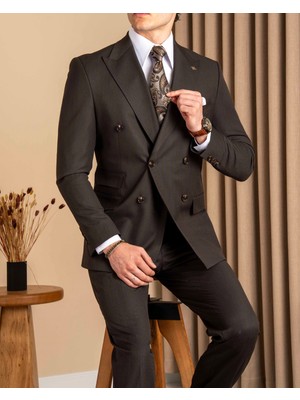 Slim Fit Erkek Sivri Yaka Çizgili Kruvaze Ceket Pantolon Takım Elbise Kahverengi T20142-03
