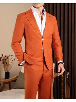 Slim Fit Erkek Mono Yaka Torba Cep Keten Kumaş Ceket Pantolon Takım Elbise Turuncu T20111-35