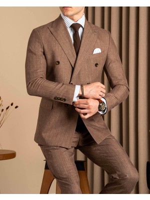 Slim Fit Erkek Kruvaze Sivri Yaka Ceket Pantolon Takım Elbise Kahverengi T20110-03