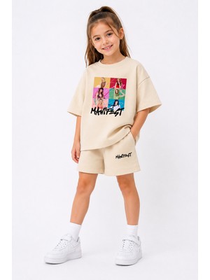 Fasardi Manifest Girls M6NIFESTGIRLS Baskılı Oversize %100 Pamuk Tişört Şort 2li Çocuk Takım