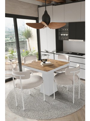 Assel Home Mayer  Beyaz Lake Mdf Ayak  90X90 Yemek Masası Mutfak Masası 4 Kişilik Masa Takımı Teddy Sandalye