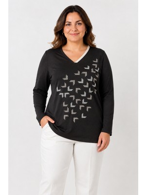 Bihan Store V Yaka Geometrik Desenli Uzun Kollu Kadın Penye Bluz Y26-647-SIYAH