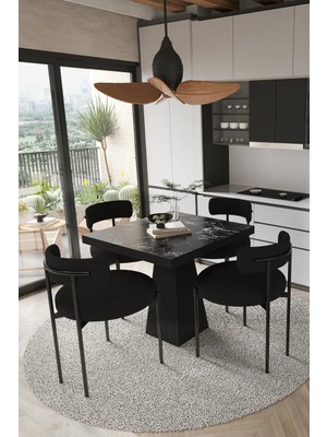 Assel Home Lago Siyah Lake Mdf Ayak 80X80 Yemek Masası Mutfak Masası 4 Kişilik Masa Takımı Teddy Sandalye