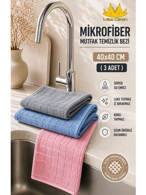 Missclean ( 3 Adet ) Renkli Kareli Sihirli Mutfak Bezi Süper Su Emici Leke Tutmaz 40*40 cm