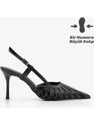 Marjin Kadın Stiletto Sivri Burun Arkadan Bantlı Şerit Detaylı Fileli Klasik Topuklu Ayakkabı Sivon Siyah