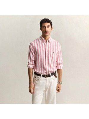 Gant Erkek Pembe Regular Fit Çizgili Logolu Gömlek