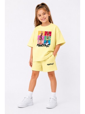 Fasardi Manifest Girls M6NIFESTGIRLS Baskılı Oversize %100 Pamuk Tişört Şort 2li Çocuk Takım