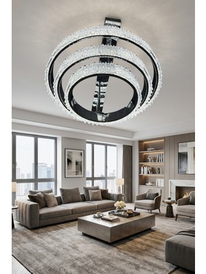 G-Light Aura 3 Katlı Kristal Halka LED Salon Avizesi | Modern Taşlı Avize | 3 Renk Işık |