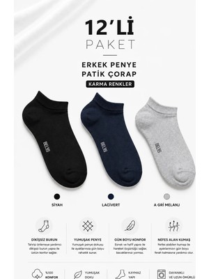 Belyy 12 Li Paket Penye Dikişsiz Erkek Karma Renk Patik Çorap