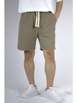 Dokulu Keten Relaxed Fit Erkek Şort | Ventov Haki - Xxl