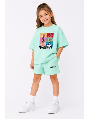 Fasardi Manifest Girls M6NIFESTGIRLS Baskılı Oversize %100 Pamuk Tişört Şort 2li Çocuk Takım