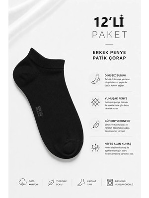 Belyy 12 Li Paket Penye Dikişsiz Erkek Siyah Patik Çorap