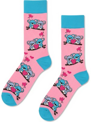 Carnaval Socks Aşık Koala Çifti Desenli Pembe Turkuaz Unisex Soket Çorap