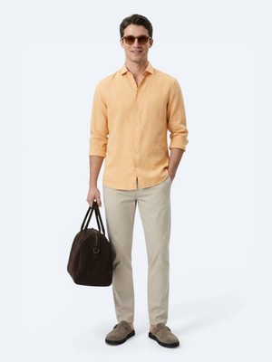 Kip Safran Düz Regular Fit Uzun Dokuma Casual Pamuk Karışımlı Gömlek