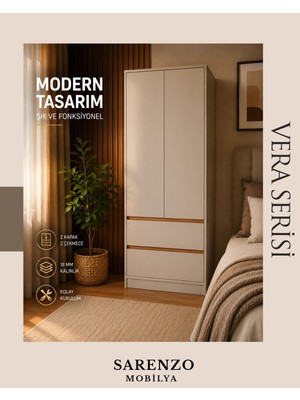 Vera 2 Kapaklı Gardırop Modern Yatak Odası Dolabı Kum Beji Meşe Detaylı