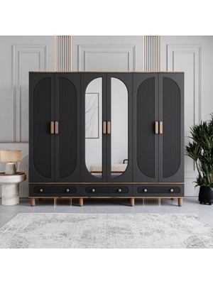 Monzio Milen 6 Kapaklı Çekmeceli Gardırop Tamamı MDF (Antrasit)