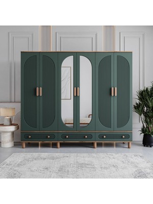Monzio Milen 6 Kapaklı Çekmeceli Gardırop Tamamı MDF (Yeşil)