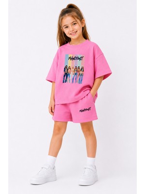 Fasardi Manifest Girls M6nifestgirls Baskılı Oversize %100 Pamuk Tişört Şort 2li Çocuk Takım