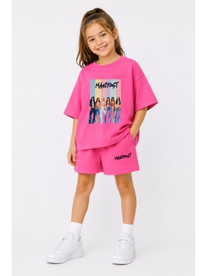Fasardi Manifest Girls M6nifestgirls Baskılı Oversize %100 Pamuk Tişört Şort 2li Çocuk Takım