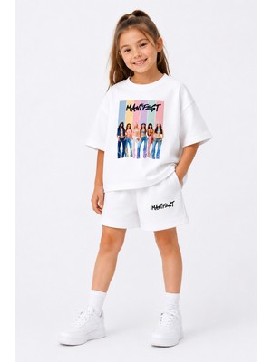 Fasardi Manifest Girls M6nifestgirls Baskılı Oversize %100 Pamuk Tişört Şort 2li Çocuk Takım