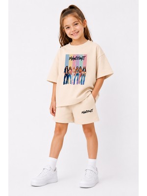 Fasardi Manifest Girls M6NIFESTGIRLS Baskılı Oversize %100 Pamuk Tişört Şort 2li Çocuk Takım