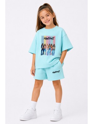 Fasardi Manifest Girls M6nifestgirls Baskılı Oversize %100 Pamuk Tişört Şort 2li Çocuk Takım