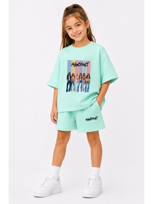 Fasardi Manifest Girls M6NIFESTGIRLS Baskılı Oversize %100 Pamuk Tişört Şort 2li Çocuk Takım
