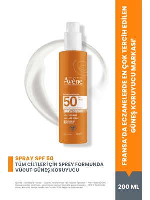 Avene Sprey Güneş Kremi SPF 50+ Vücut için Yüksek Koruma Sağlayan Nemlendirici Güneş Kremi 200 ml