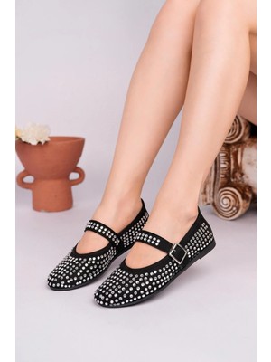 Nesil Shoes Gabbel 305 Siyah Süet Gümüş Taşlı Kadın Babet