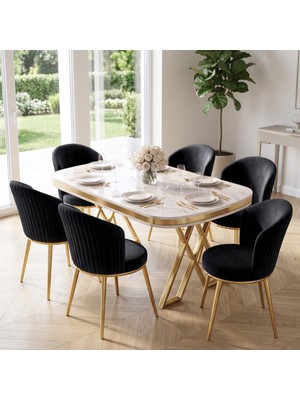 Canisa Nisare Serisi 90X168 Lak Panel Beyaz Mermer Desen Masa Takımı Gold Ayaklı 6 Sandalye