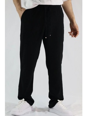 Keten Dokulu Relaxed Fit Erkek Pantolon | Ventov Siyah - Xl