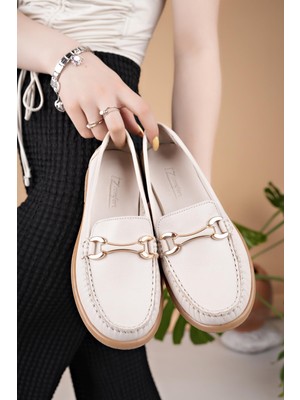 Nesil Shoes Eliz 24103 Bej Hakiki Soft Deri Rok Günlük Kadın Ayakkabı